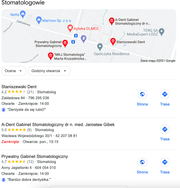 Wizytówka Google moja firma - Stomatolog Łódź
